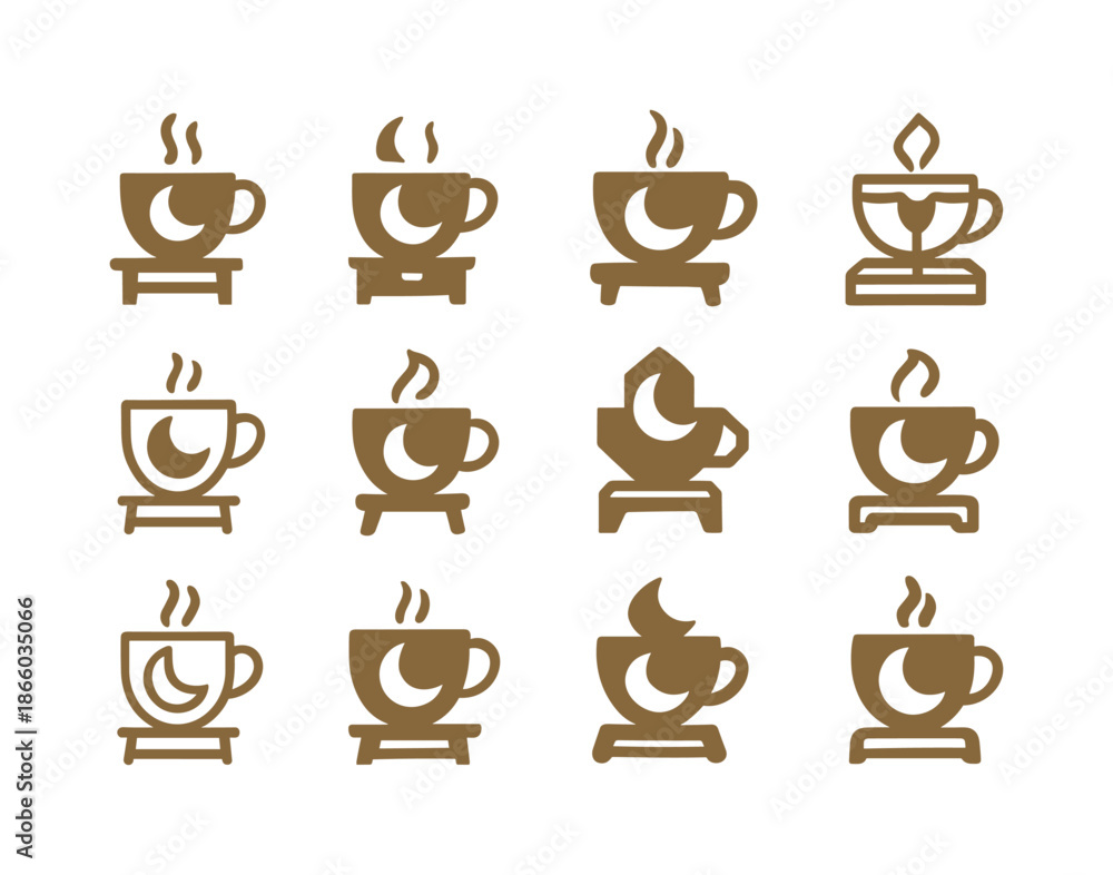 Obraz premium Bedside Tea Icons. A warm cup of tea or milk by the bedside. Icon set. Set Logo of a warm cup of tea or milk by the bedside: cup with crescent moon. harmonious