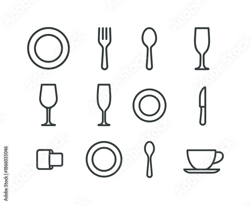Luxury Tableware Icons. Luxury tableware. Line icon set of Luxury tableware: porcelain plate, silver fork, silver spoon, silver knife, wine goblet, champagne
