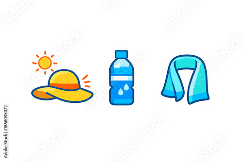 Summer Essentials: Sun Hat, Water Bottle, and Towel