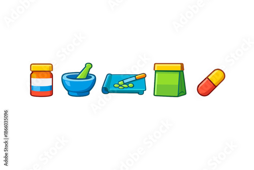 Pharmacy icons on a gradient background