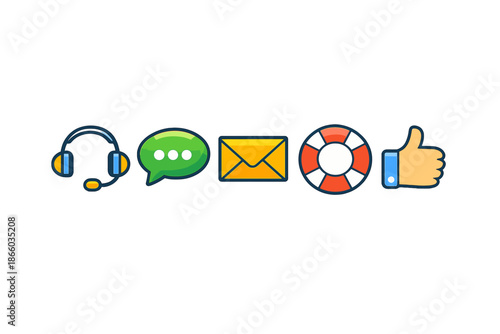 Customer service icons including headset, chat bubble, envelope, life preserver, and thumbs up