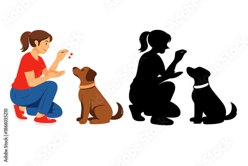 Girl training dog with treats