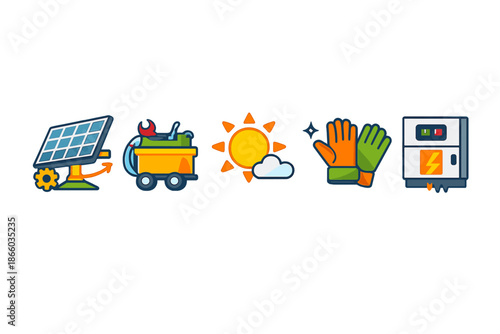 Solar energy icons with sun, tools, gloves and power box