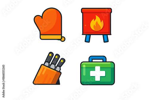 Four Flat Icons: Oven Mitt, Fireplace, Knife Block, and First Aid Kit