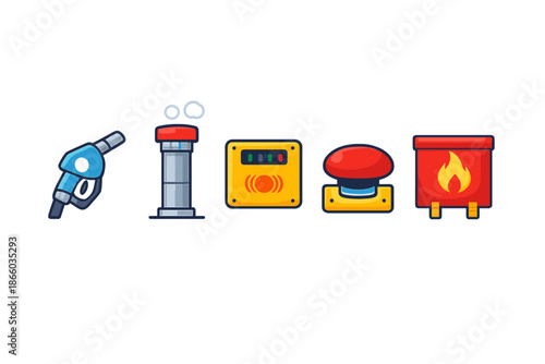 Gas pump, warning tower, control panel, big red button, and fire extinguisher icons