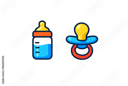 Baby bottle and pacifier icons on dark background