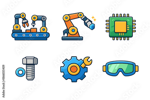 Set of six factory and industry icons on a dark gradient background