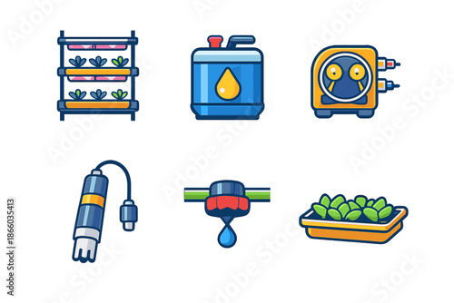 Hydroponic farming equipment and plants icons