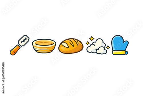 Baking icons: razor, bowl, bread, steam, oven mitt