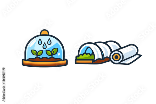 Seedlings growing under a glass dome and in a greenhouse tunnel with a roll of sheeting