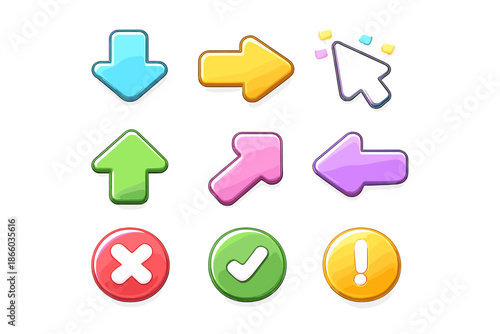 Set of colorful, glossy UI icons with arrows and symbols