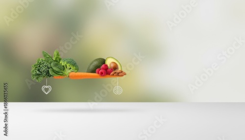 Healthy balance of fresh vegetables and fruits with nuts and seeds on a culinary plate