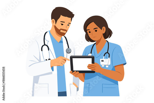 Doctor and nurse collaborating on a digital tablet