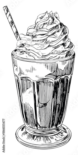 Hand drawn illustration of a milkshake depicting whipped cream and a wafer straw for a sweet beverage menu
