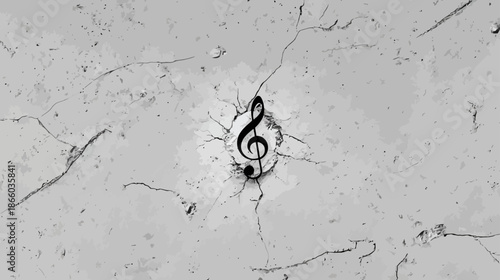 Dynamic black treble clef symbol cracking through a distressed grey concrete texture, representing music, sound, creativity, and impact.