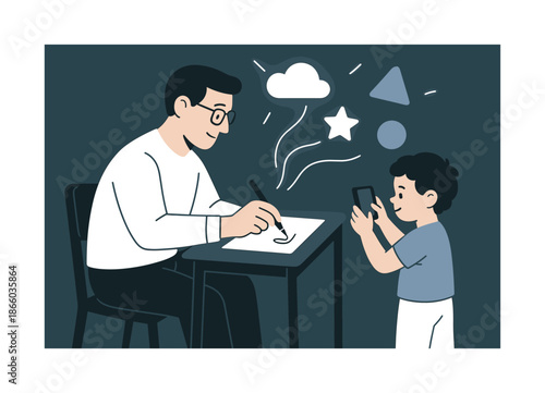 Family Creative Moment. Mobile creativity time. A parent sketching while the child takes photos; floating shapes symbolizing shared imagination. Glow lines