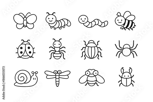 Cute Insect Icons Set on Black Background