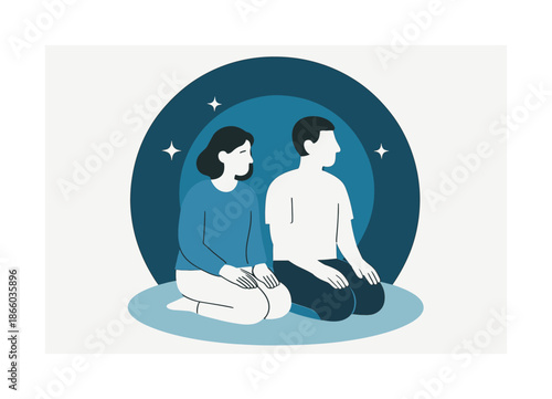 Silent Companionship. Being present. One figure simply sitting beside another in silence; layered circles showing shared space and stability. Subtle stars