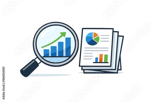 Magnifying glass over growing bar chart with financial reports