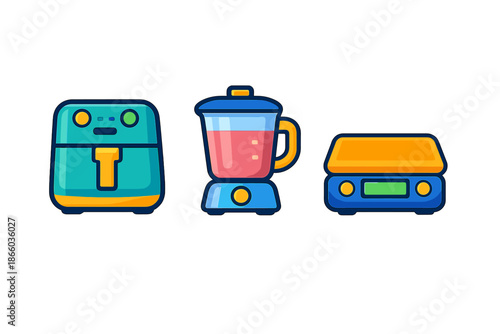 Collection of kitchen appliance icons on a dark background
