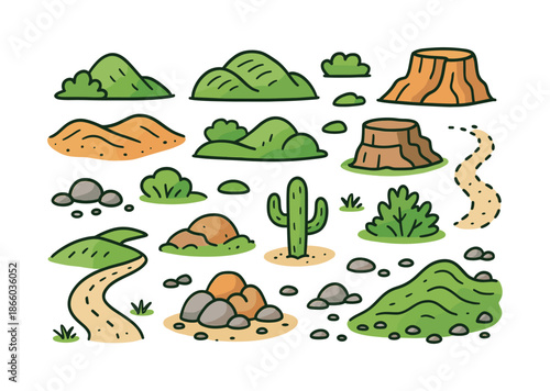 Colorful Terrain Doodle. Terrain. Colorful Hand-drawn doodle Children illustration Terrain hills, slopes, cliffs, dunes, grass, stones, cacti, shrubs, pebbles,