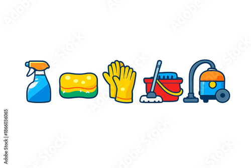 Cleaning Supplies Icons Set on Dark Background