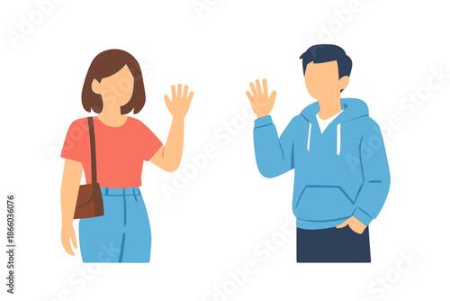Two people waving hello across a digital divide