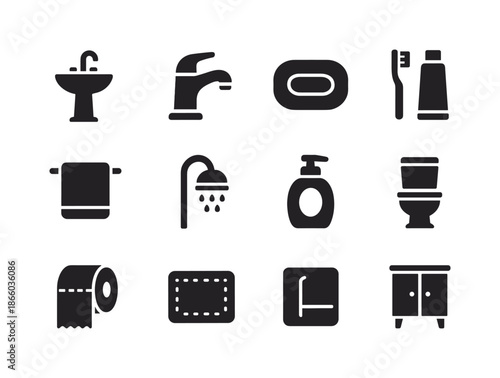 Bathroom Essentials Icons. Bathroom essentials. Solid icon set of bathroom essentials: sink, faucet, soap bar, toothbrush, toothpaste, towel, showerhead,