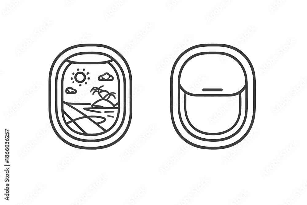 Obraz premium Airplane Window with Tropical Island Scene and Closed Window