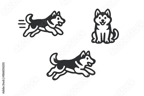Three stylized husky dog icons on a grey gradient background