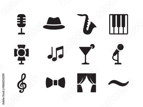 Jazz Icons Collection. Jazz singer. Solid icon set of Jazz singer: vintage mic, fedora hat, saxophone, piano keys, spotlight, music notes, cocktail glass,