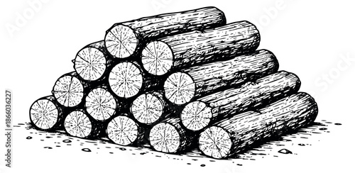 Hand drawn line art illustration of a stack of chopped logs for heating or campfires