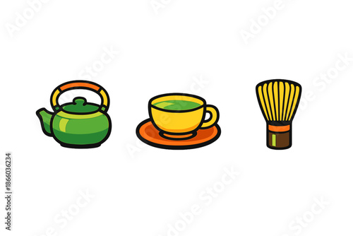 Matcha tea ceremony set with teapot, cup and whisk