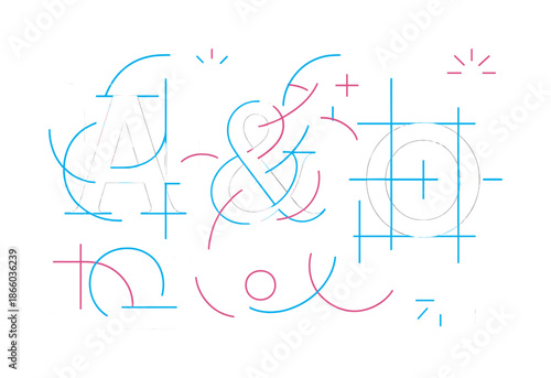 Modern Font Blueprint. Font design play. Individual characters hover with construction guides; arcs and angles shine like ideas in motion. Clean shapes frame