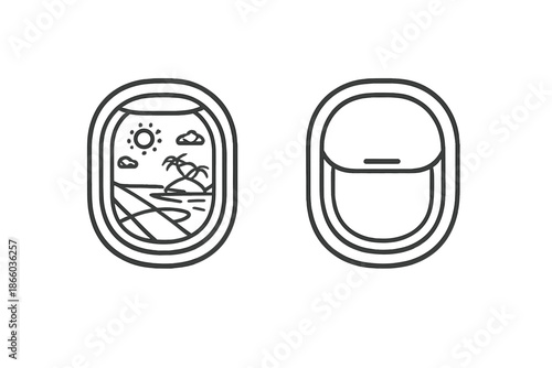 Airplane Window with Tropical Island Scene and Closed Window