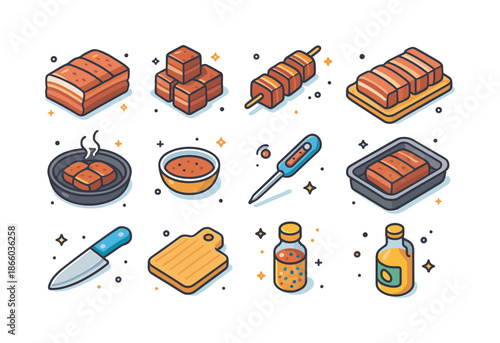 Pork Belly Icon Set. Pork belly dishes. Colorful isometric vector icons set of Pork belly dishes: roasted pork belly slab, braised pork belly cubes, pork belly
