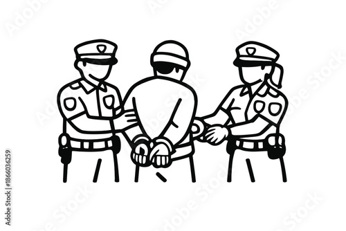 Two police officers arresting a man with handcuffs