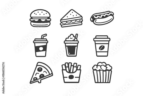 Set of 9 black and white food and drink icons on a gray background