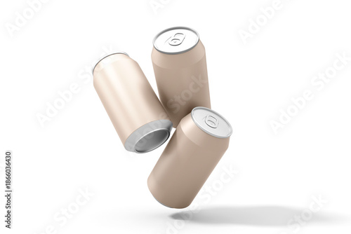 Three blank beige beverage aluminum cans mockup floating isolated against a stark white and black background