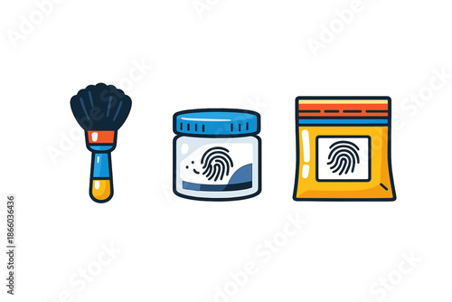 Forensic science icons: fingerprint powder, brush, and evidence bag