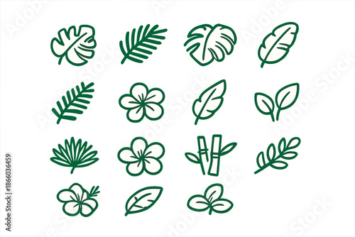 Tropical Leaves and Flowers Icon Set