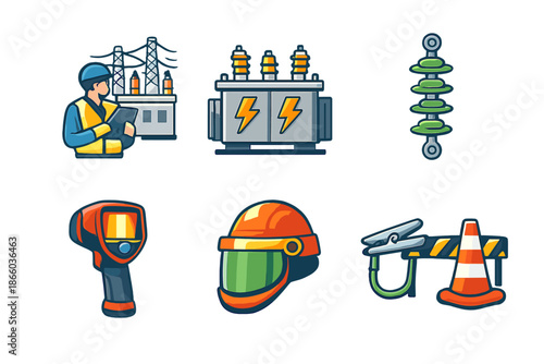 Electric utility equipment and safety gear icons