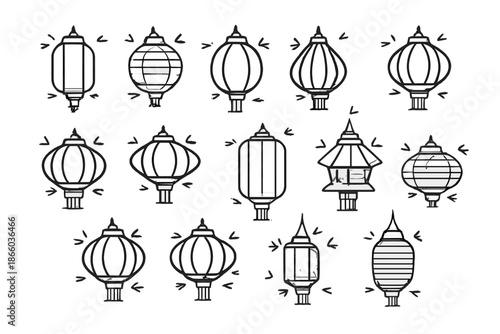 Collection of diverse hand-drawn lanterns with Asian influences