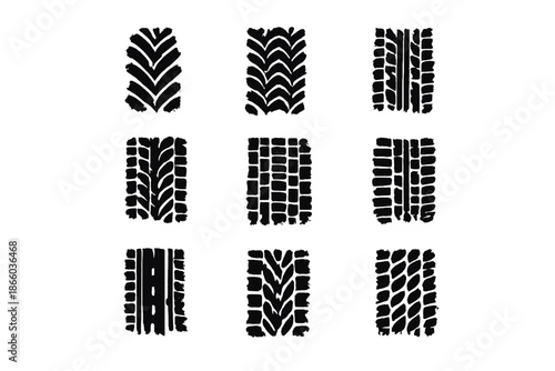 Nine different tire tread patterns on a textured gray background