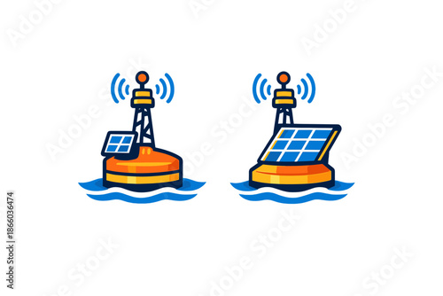 Two cartoon buoys with solar panels and radio signals on a dark background
