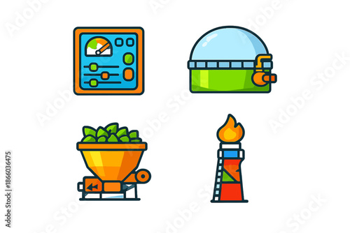 Bioenergy production icons with control panel, biodigester, raw materials and flare stack