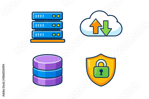 Set of four icons representing server, cloud, database, and security