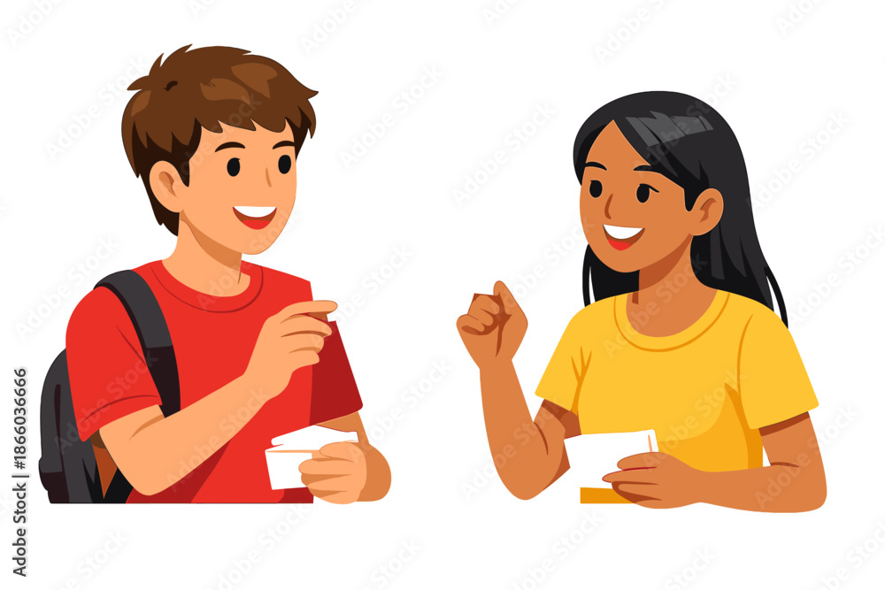Obraz premium Two smiling young people exchanging cards