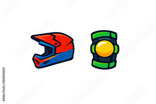 Stylized motocross helmet and knee pad icons