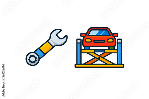 Car repair icon with wrench and lift